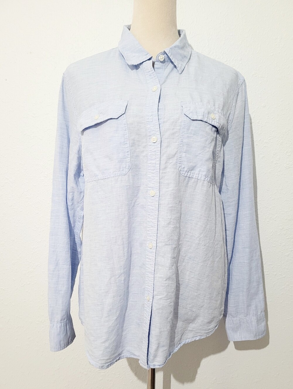 Linen Blend Shirt Women SZ XL Light Blue Button Front Casual Coastal Top Chaps - Picture 2 of 12